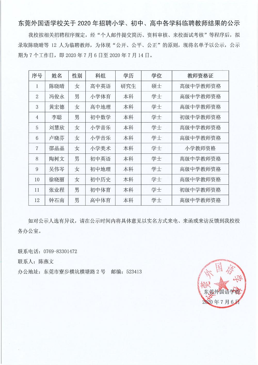 2020.7.6 东莞外国语学校关于2020年招聘小学、初中、高中各学科临聘教师结果的公示.jpg